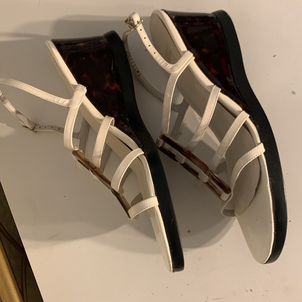Stuart Weitzman white leather wedge sandals. Preowned-see pics. W/brown. Sz 10M - Picture 2 of 11